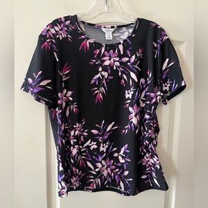 Calvin Klein Black and Purple Floral Short Sleeve Blouse Women’s Size XL